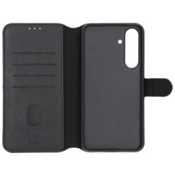 Samsung Galaxy S25 FE Plånboksfodral Magnet Svart, öppet med kortfack