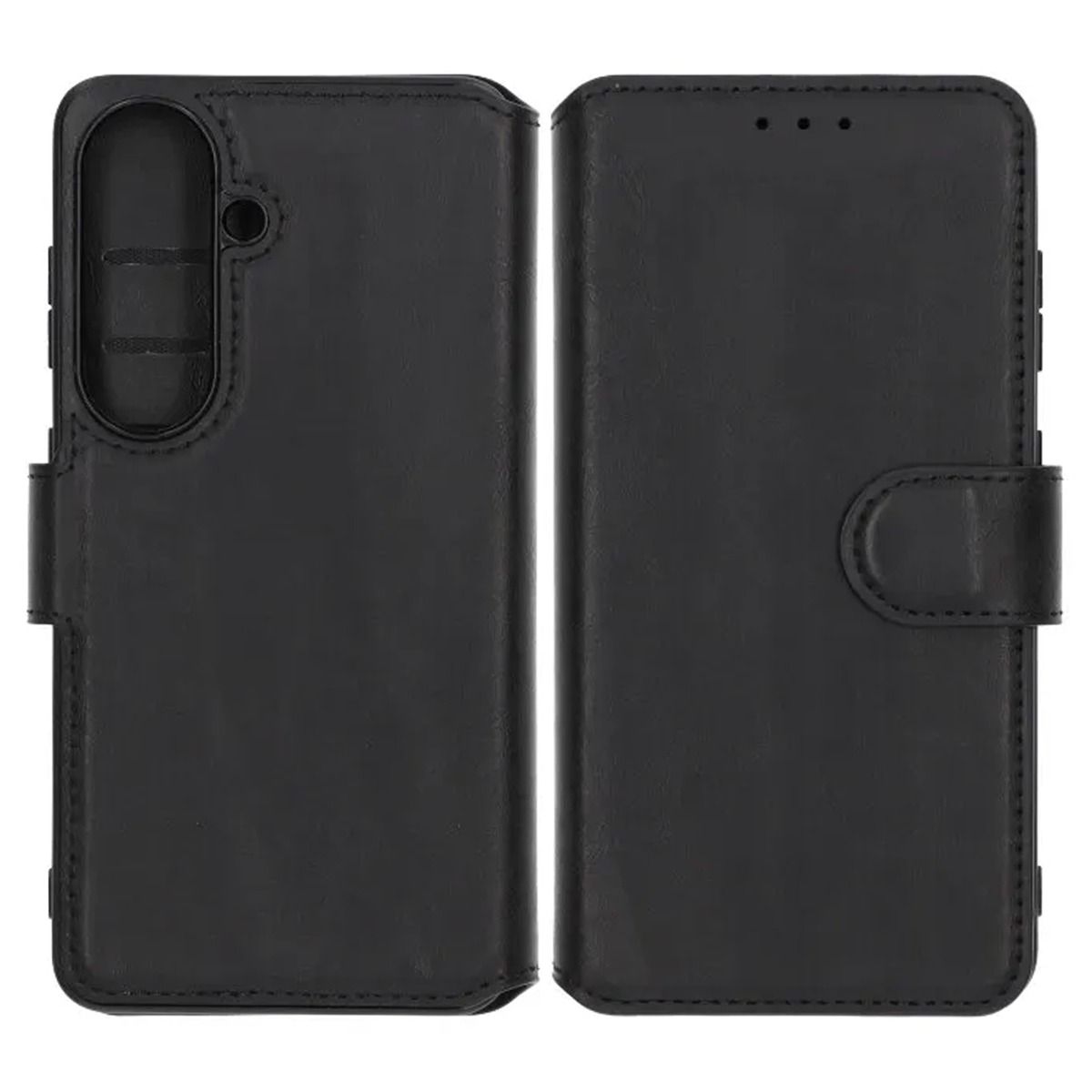 Samsung Galaxy S26 Plånboksfodral med Stativ i svart läder, fram- och baksida