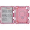 Stöttåligt iPad-fodral med roterbart ringstativ och handrem i rosa, fram- och baksida