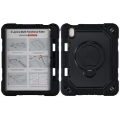 Stöttåligt iPad-fodral med roterbart ringstativ och handrem i svart, fram- och baksida