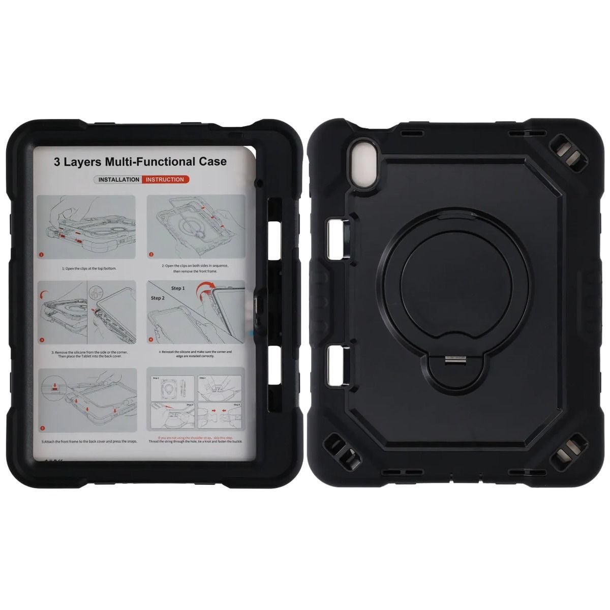 Stöttåligt iPad-fodral med roterbart ringstativ och handrem i svart, fram- och baksida