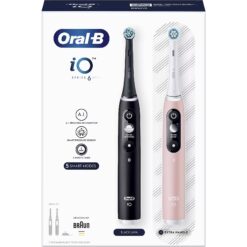 Oral-B iO Series 6 Duo 2-pack med eltandborstar i Black Lava och Pink Sand framför förpackningen