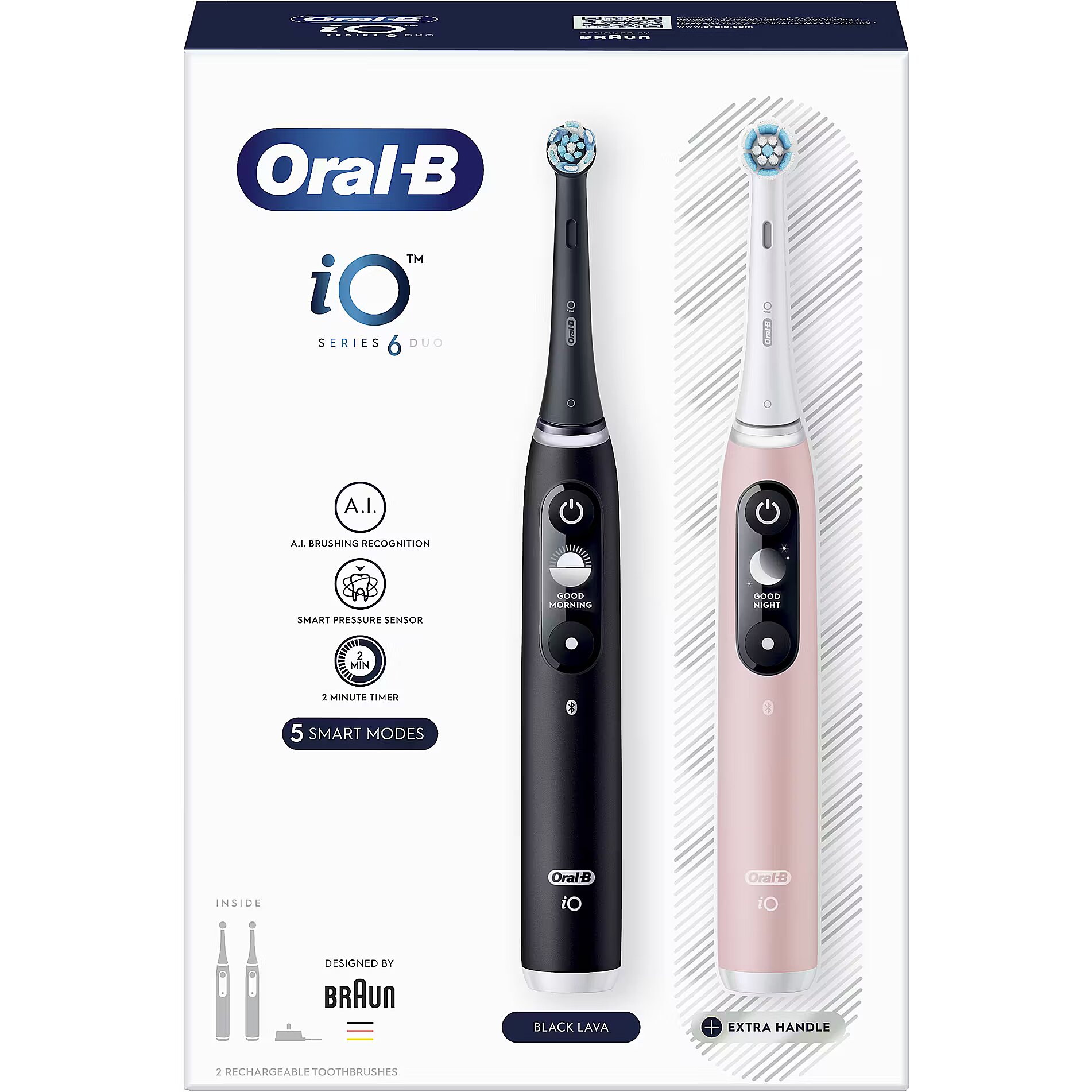 Oral-B iO Series 6 Duo 2-pack med eltandborstar i Black Lava och Pink Sand framför förpackningen
