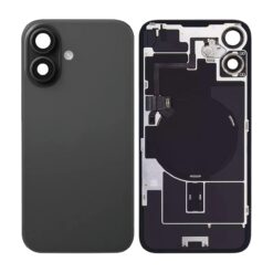 iPhone 16 svart bakglas med kamerabåge, framsida och insida med smådelar