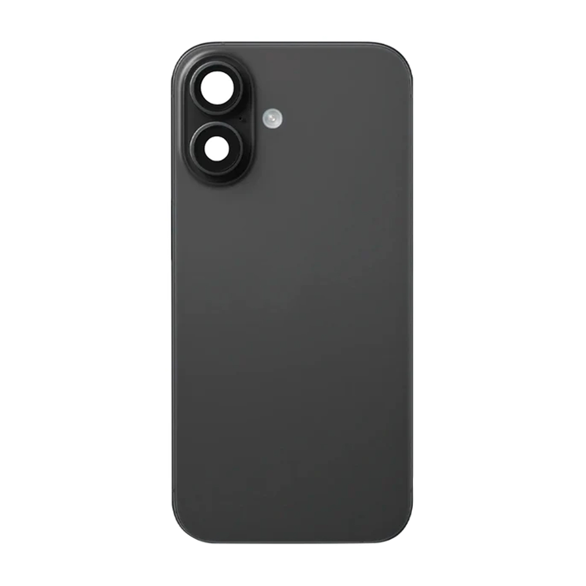 iPhone 16 svart bakglas sedd framifrån med kamerabåge