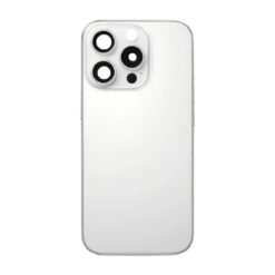 iPhone 16 Pro baksida i glas, vit titan, sedd bakifrån med kameralins