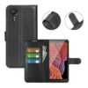 Samsung Galaxy Xcover 7 plånboksfodral svart, fodralet med stativ och detaljer