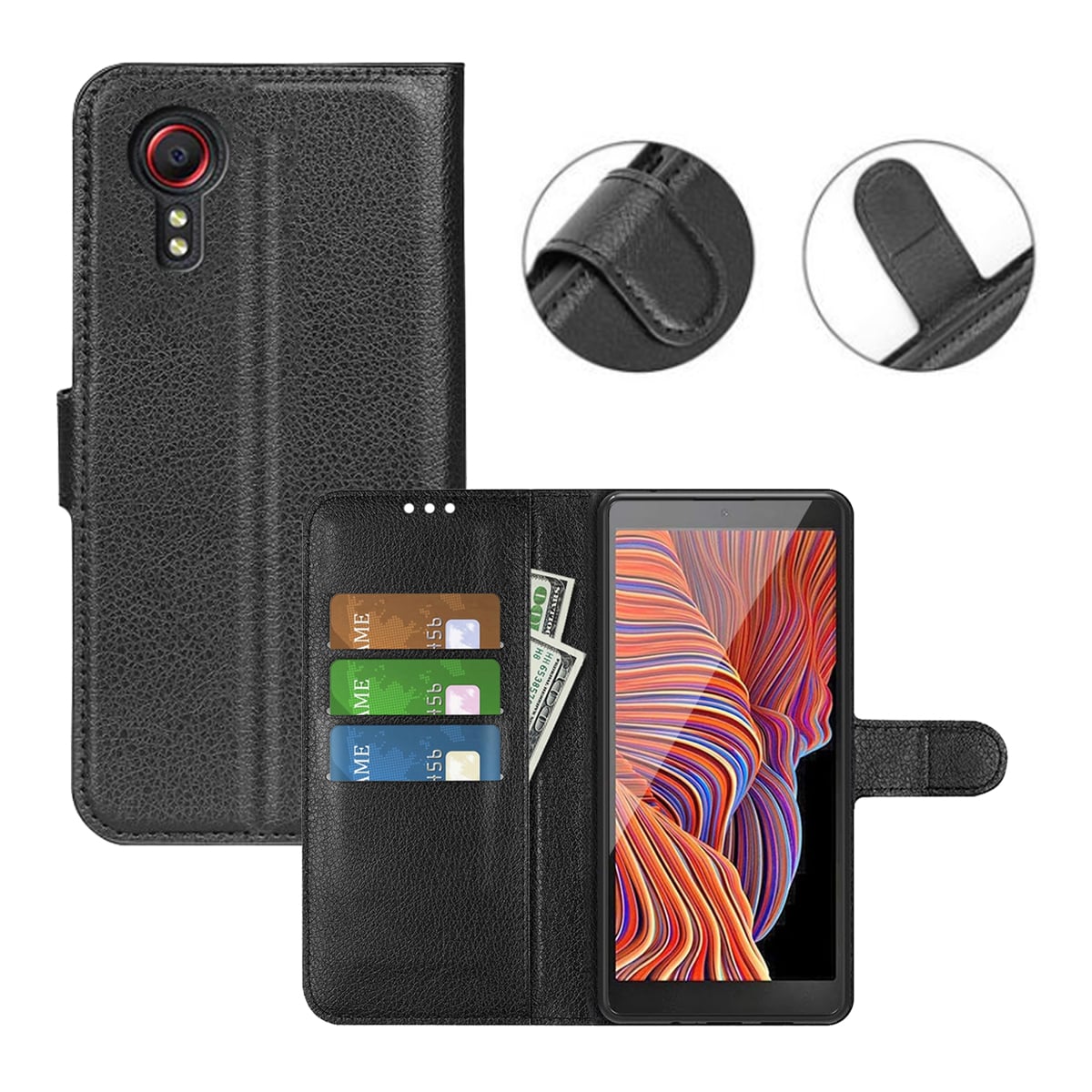 Samsung Galaxy Xcover 7 plånboksfodral svart, fodralet med stativ och detaljer