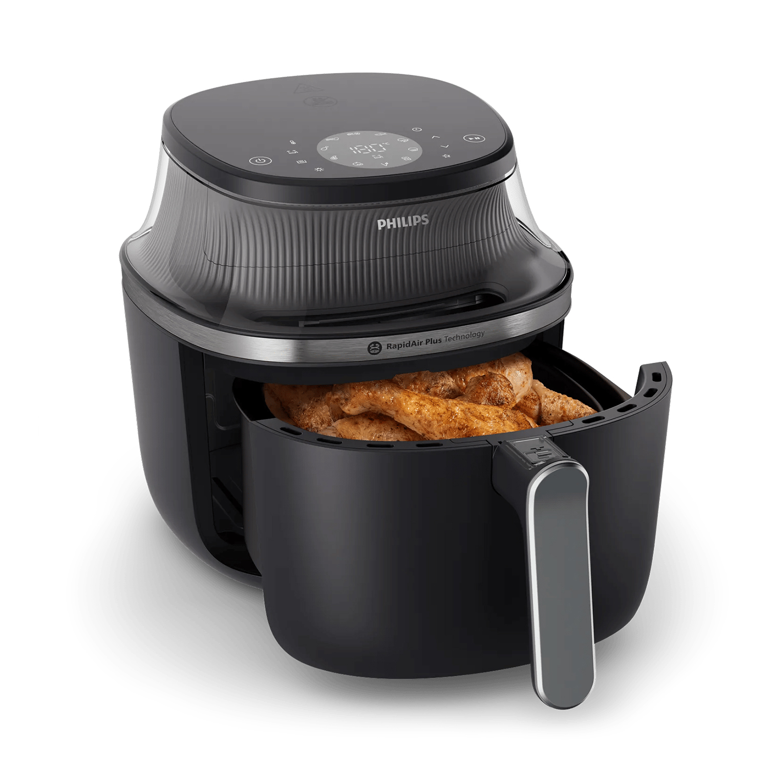Philips Airfryer 3000 Series NA321/00 med öppen kokkorg och mat