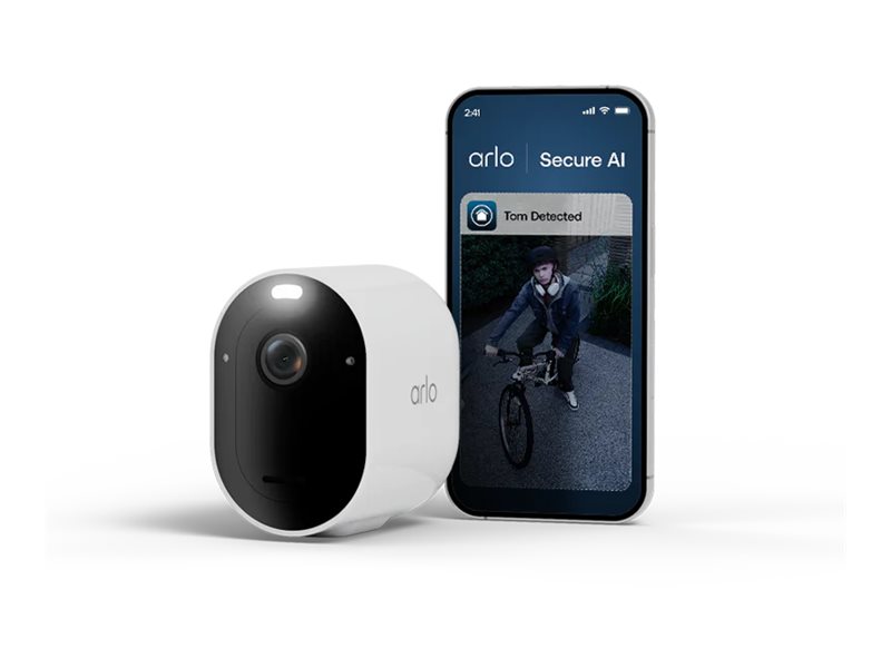 Arlo Pro 6 trådlös övervakningskamera i vitt bredvid mobil med Arlo-appen