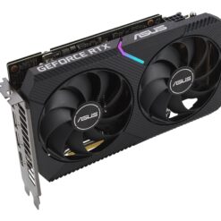 ASUS Dual GeForce RTX 3060 V2 12GB grafikkort, snett framifrån med GeForce RTX-text och två fläktar