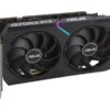 ASUS Dual GeForce RTX 3060 V2 12GB grafikkort, snett framifrån med fläktar och monteringsbracket