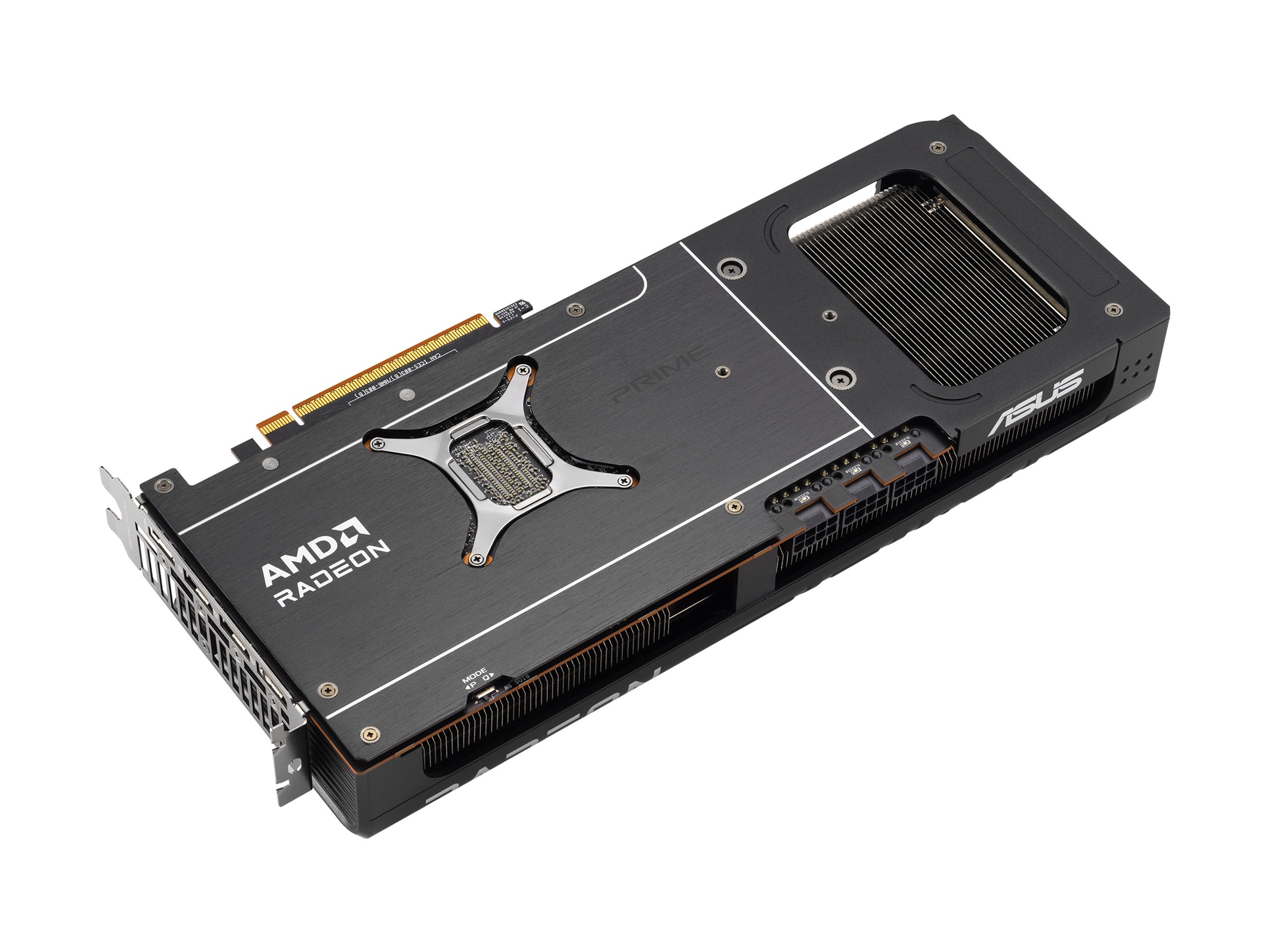 ASUS Prime Radeon RX 9070 XT OC Edition grafikkort sett från bakre ovansida