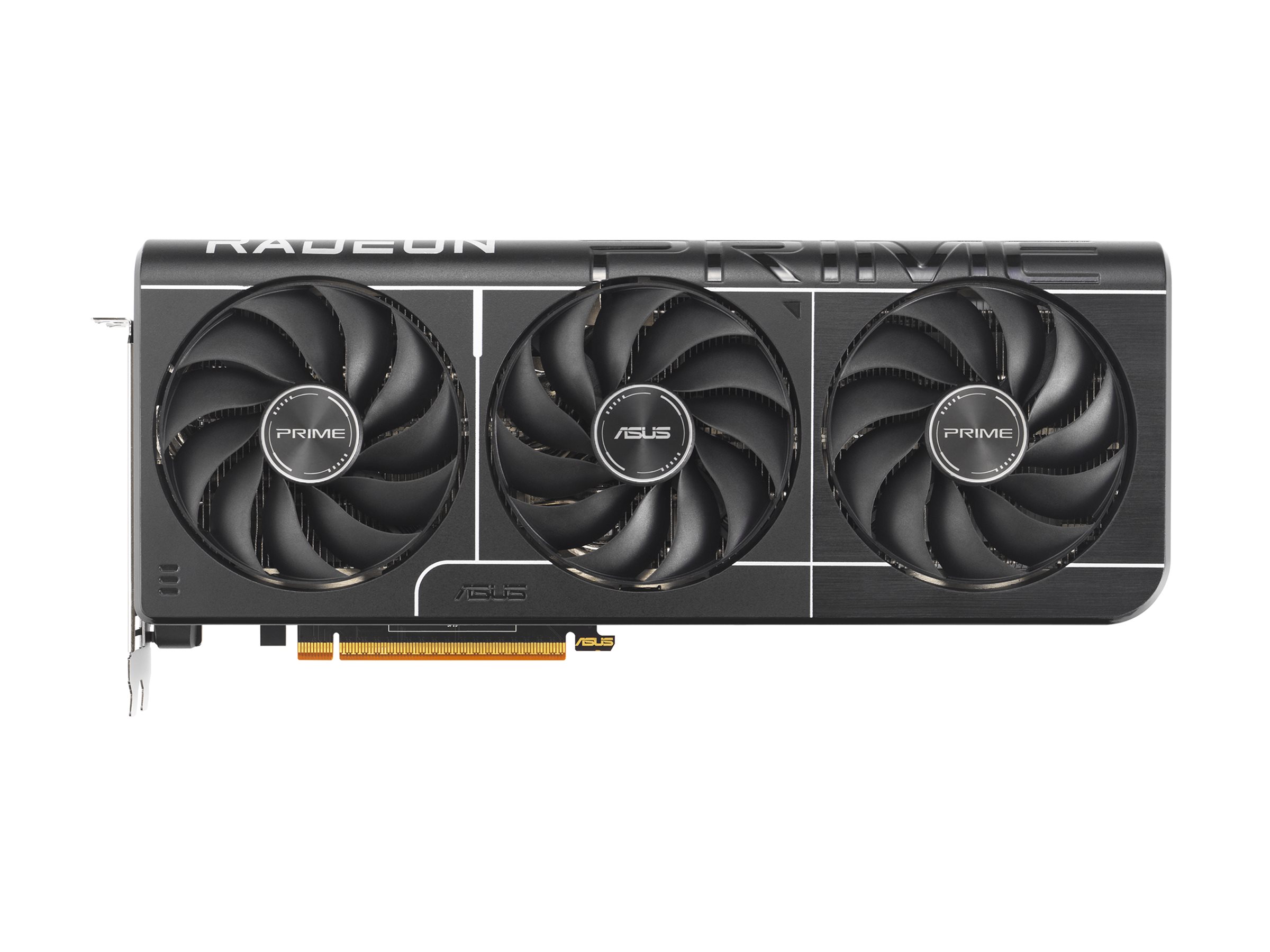 ASUS Prime Radeon RX 9070 XT OC Edition grafikkort sett rakt framifrån med tre fläktar