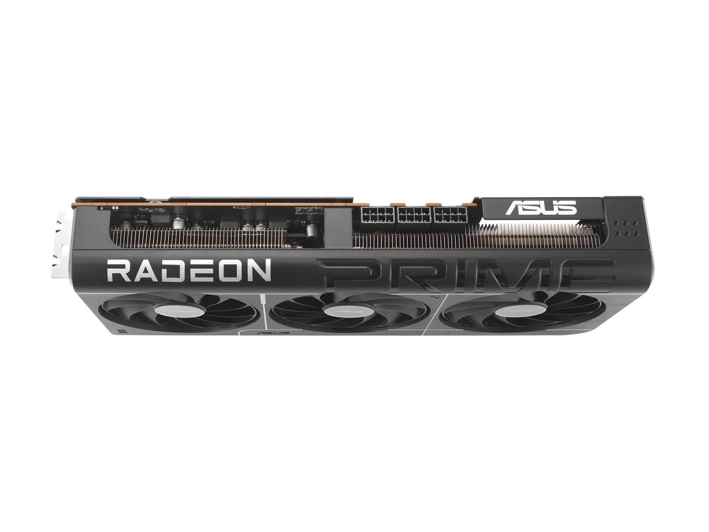 ASUS Prime Radeon RX 9070 XT OC Edition grafikkort med Radeon-logotypen på kylarens sida