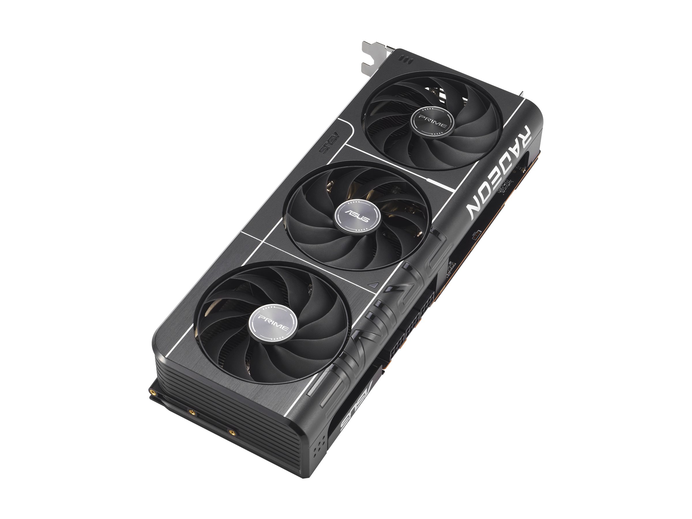 ASUS Prime Radeon RX 9070 XT OC Edition grafikkort sett uppifrån i sidovy