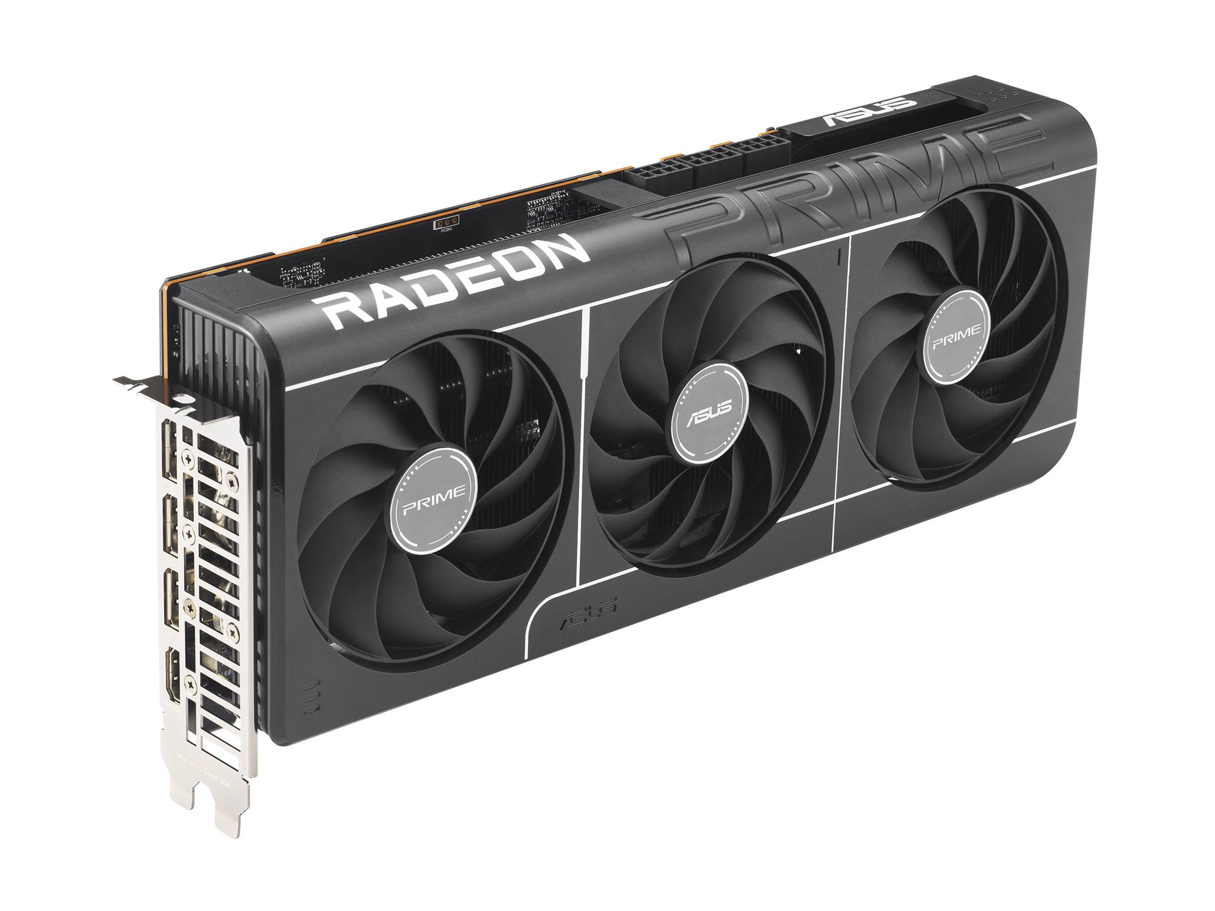 ASUS Prime Radeon RX 9070 XT OC Edition grafikkort sett snett från sidan med fläktarna synliga