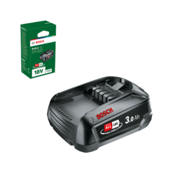 Bosch PBA 18V 3.0Ah W-B batteripack bredvid sin gröna förpackning