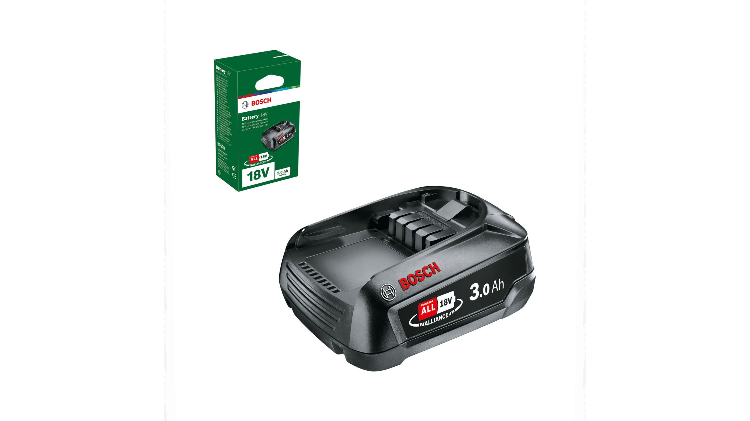 Bosch PBA 18V 3.0Ah W-B batteripack bredvid sin gröna förpackning