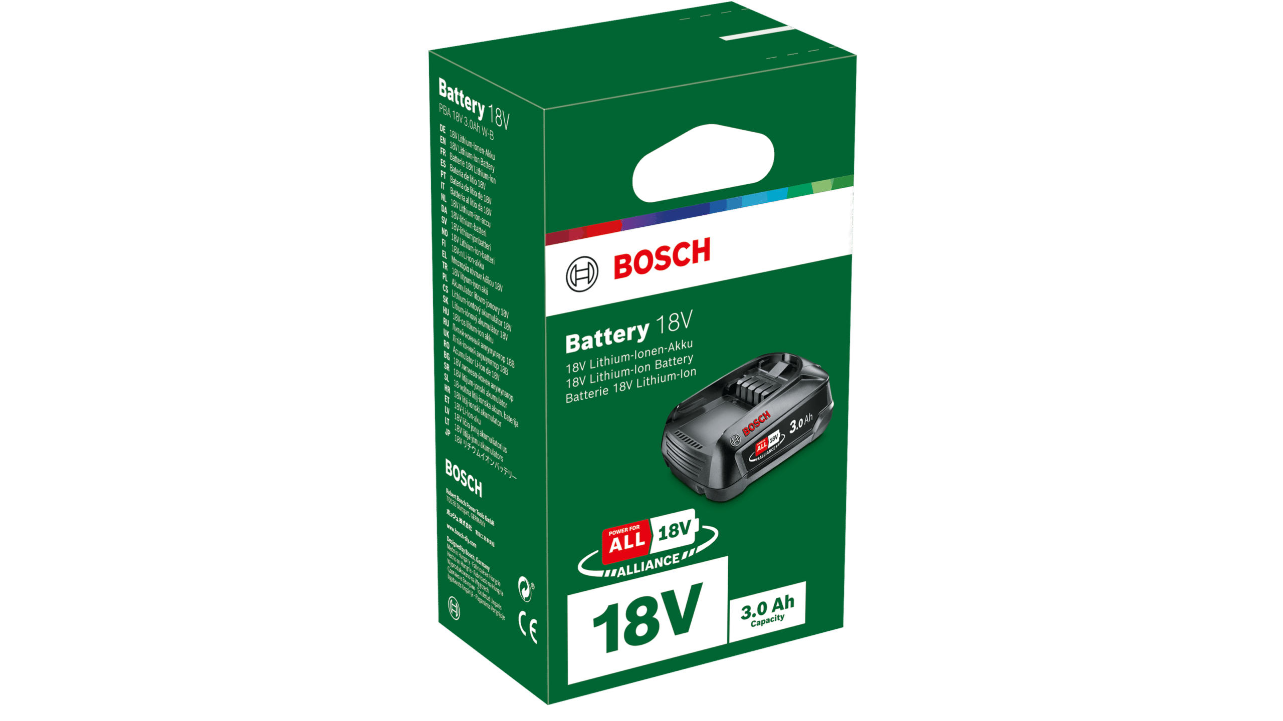 Grön förpackning för Bosch PBA 18V 3.0Ah W-B batteripack