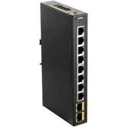 D-Link DIS-100G-10S svart industriell switch med 8 gigabit-portar, 2 SFP-platser och DIN-skenefäste