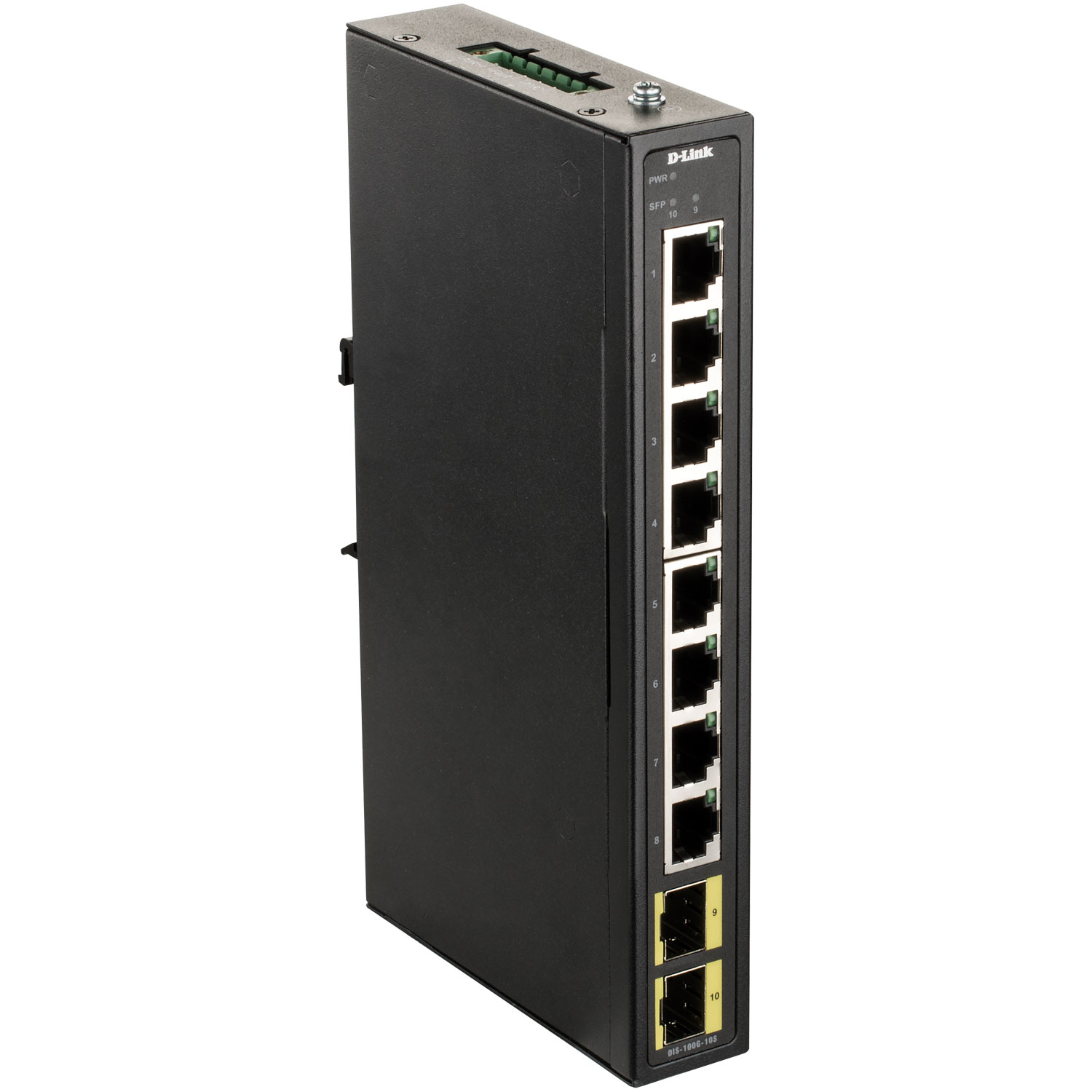 D-Link DIS-100G-10S svart industriell switch med 8 gigabit-portar, 2 SFP-platser och DIN-skenefäste