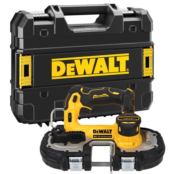 DeWALT DCS377NT-XJ portabel bandsåg 18V framför förvaringslåda