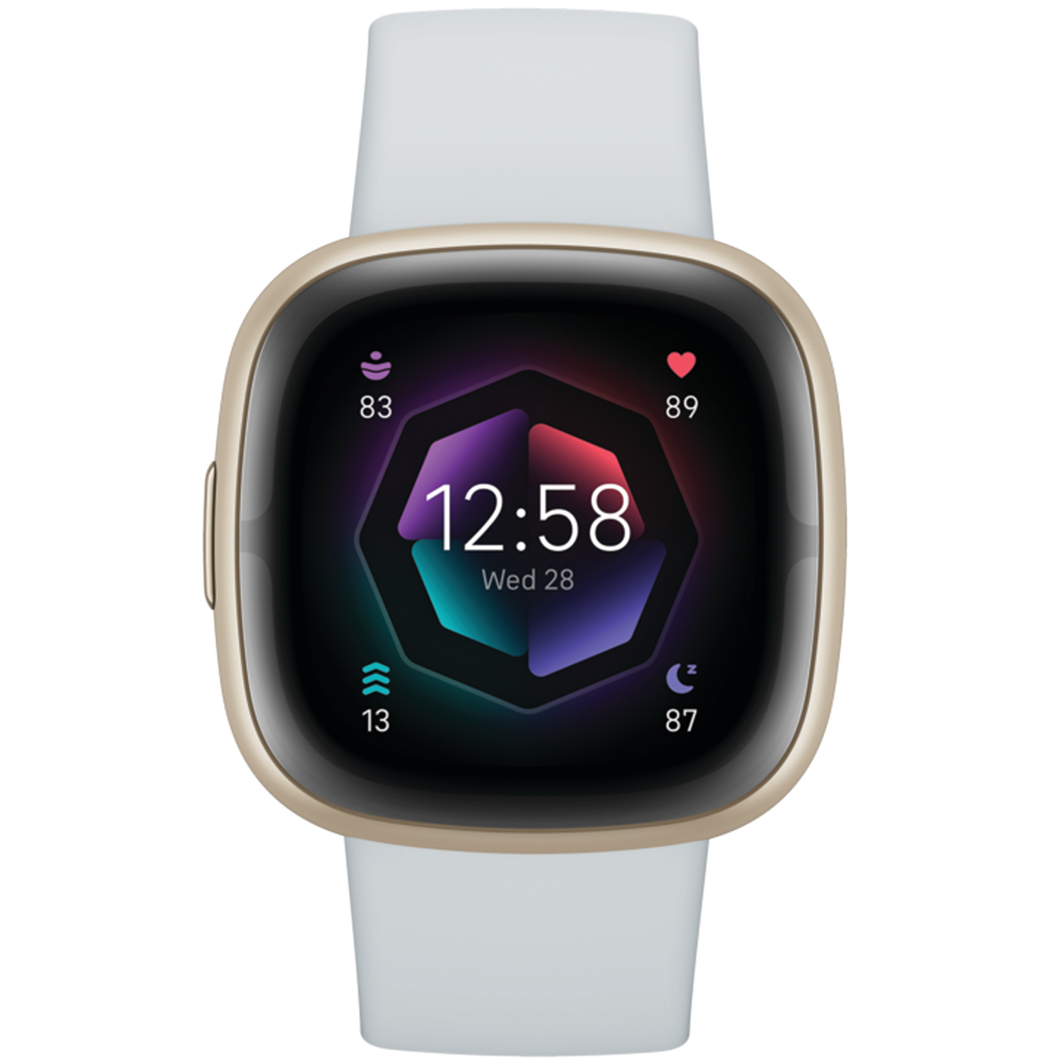 Fitbit Sense 2 smartklocka sedd rakt framifrån med urtavla