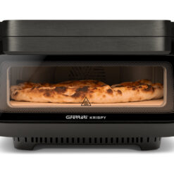 Svart G3 Ferrari Krispy 3-i-1 pizzaugn och airfryer sedd framifrån med pizza inuti