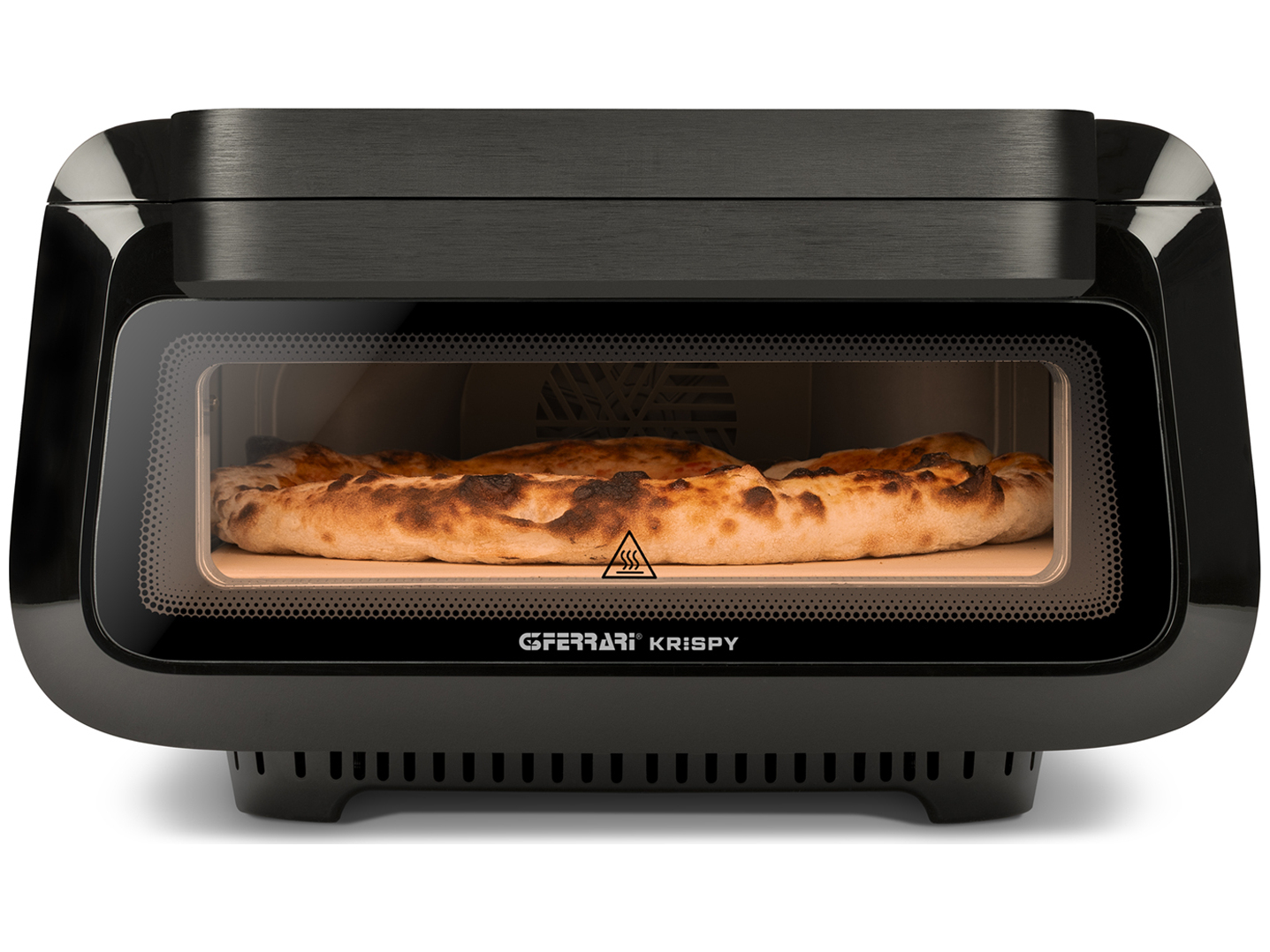 Svart G3 Ferrari Krispy 3-i-1 pizzaugn och airfryer sedd framifrån med pizza inuti