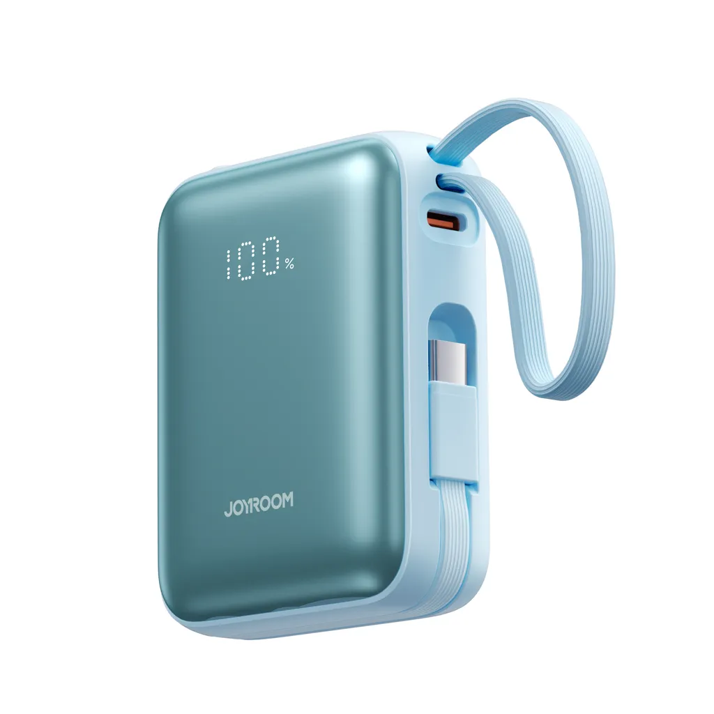 Joyroom Powerbank 10 000 mAh i blått sedd från sidan med inbyggd kabel och bärrem