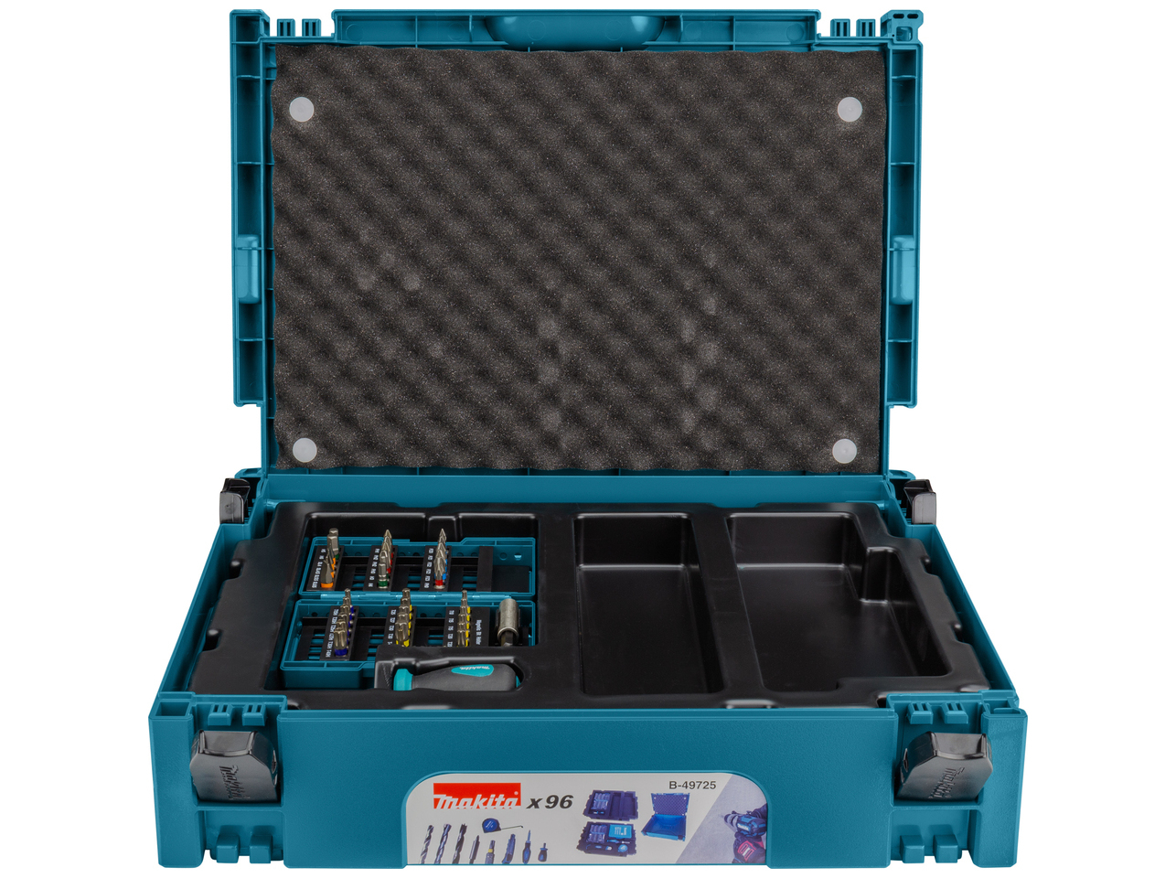 Makita B-49725 bor- och bitsset, öppen MAKPAC-låda från sidan