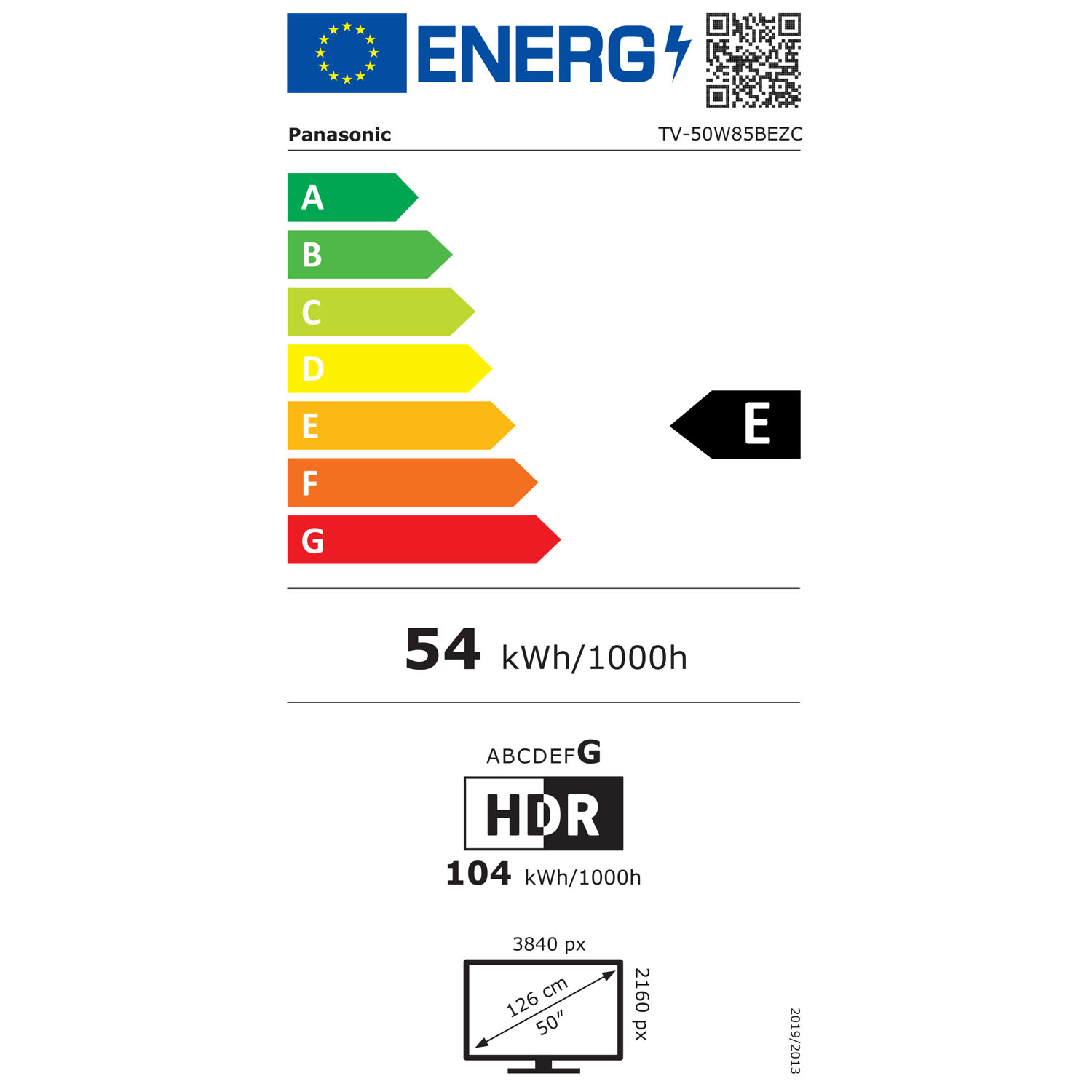 EU-energimärkning för Panasonic TV-50W85BEZC med energiklass E