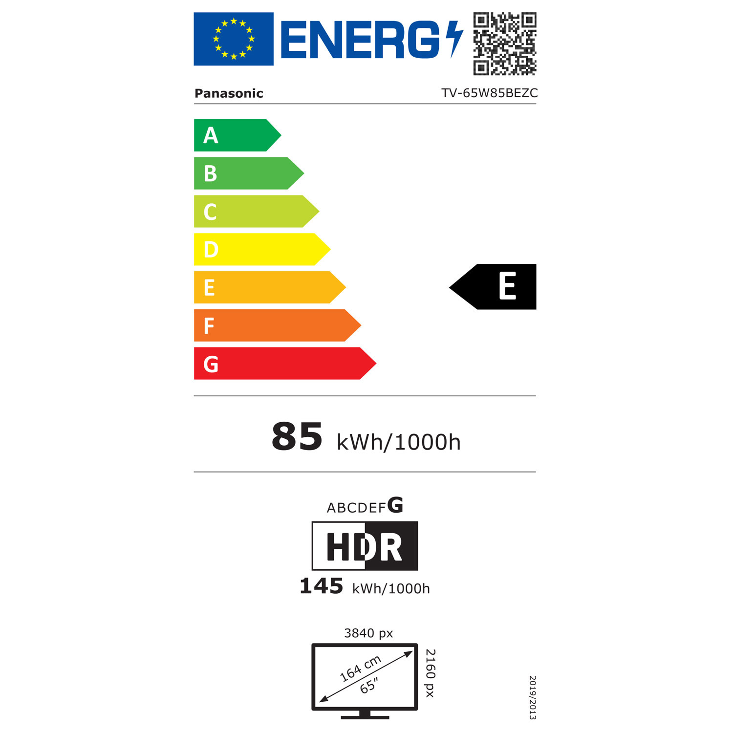EU-energimärkning för Panasonic TV-65W85BEZC med energiklass E