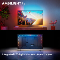Philips 65PUS8001 med Ambilight som lyser upp väggen bakom TV:n