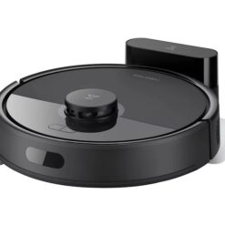 Svart Roborock Q7 BF robotdammsugare med laddstation sedd snett framifrån