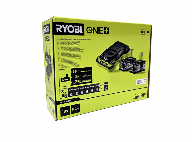 Ryobi 18V ONE+ batteri- och snabbladdarset med 2 x 5,0Ah, förpackning från sidan