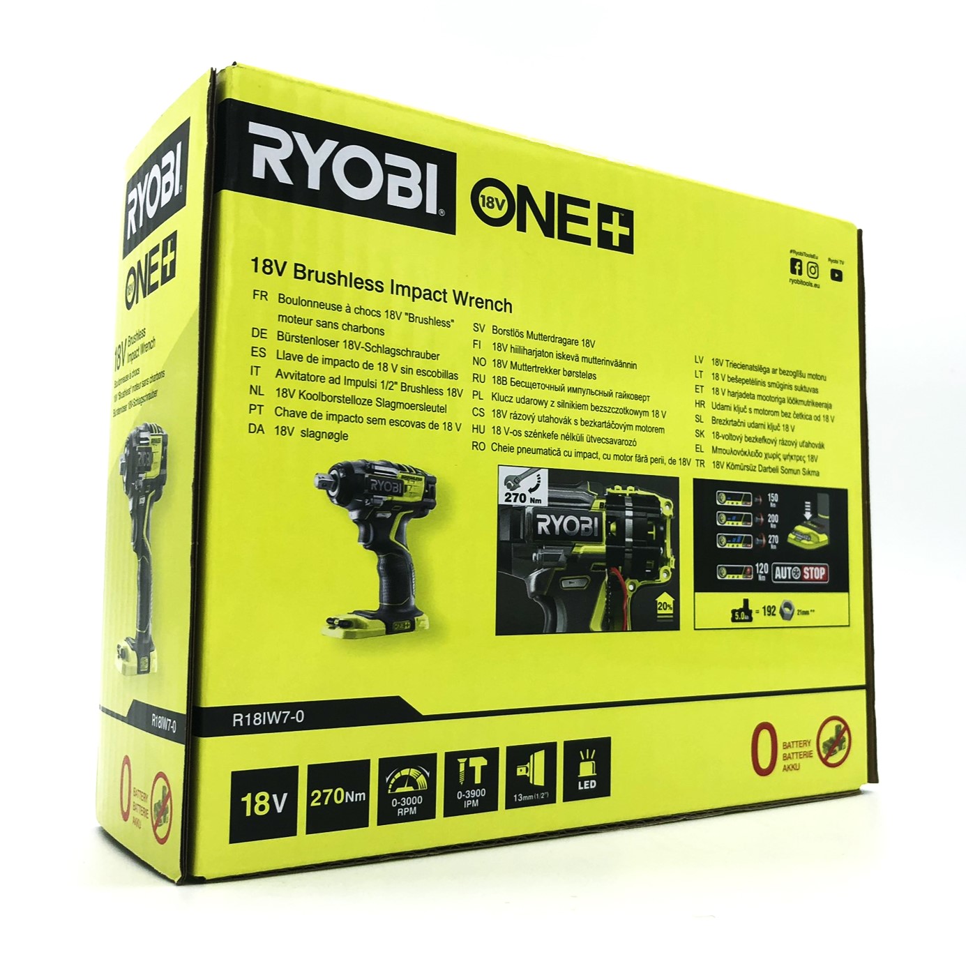 Ryobi 18V ONE+ borstlös slagnyckel, förpackning baksida