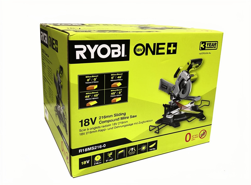 Ryobi ONE+ R18MS216-0 18 V kap- och gersåg, förpackningens framsida