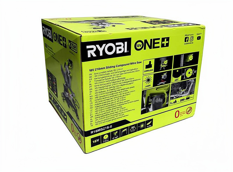 Ryobi ONE+ R18MS216-0 18 V kap- och gersåg, förpackningens baksida