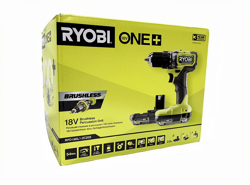 Ryobi ONE+ RPD18BL1-2C20S 18 V slagborrskruvdragare, förpackningens framsida