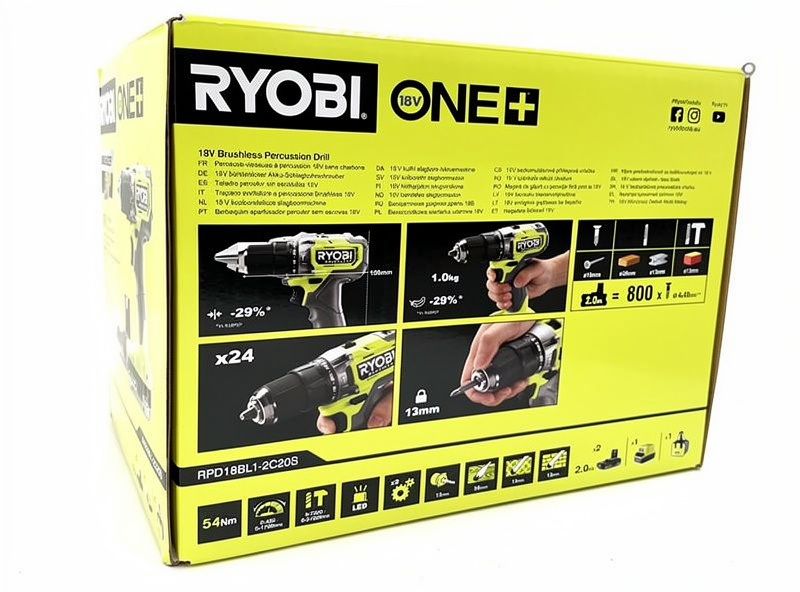 Ryobi ONE+ RPD18BL1-2C20S 18 V slagborrskruvdragare, förpackningens baksida