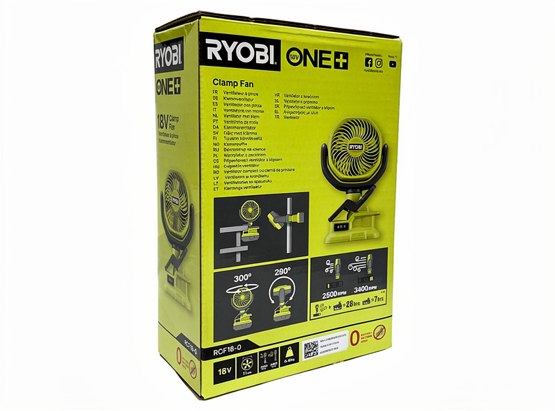 Ryobi RCF18-0 bordsfläkt med klämma, förpackningens baksida
