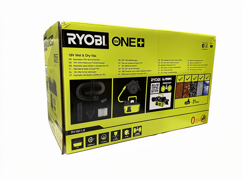 Ryobi RV1811-0 ONE+ våt- och torrdammsugare, förpackningens baksida