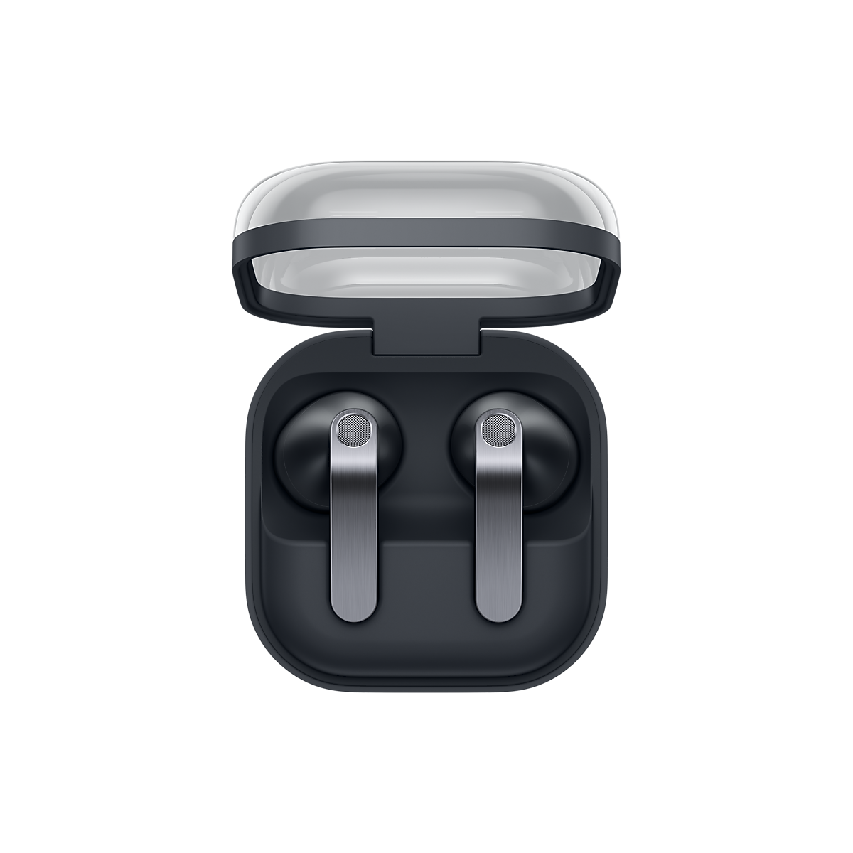 Samsung Galaxy Buds4 svart hörlurar i öppet laddningsfodral