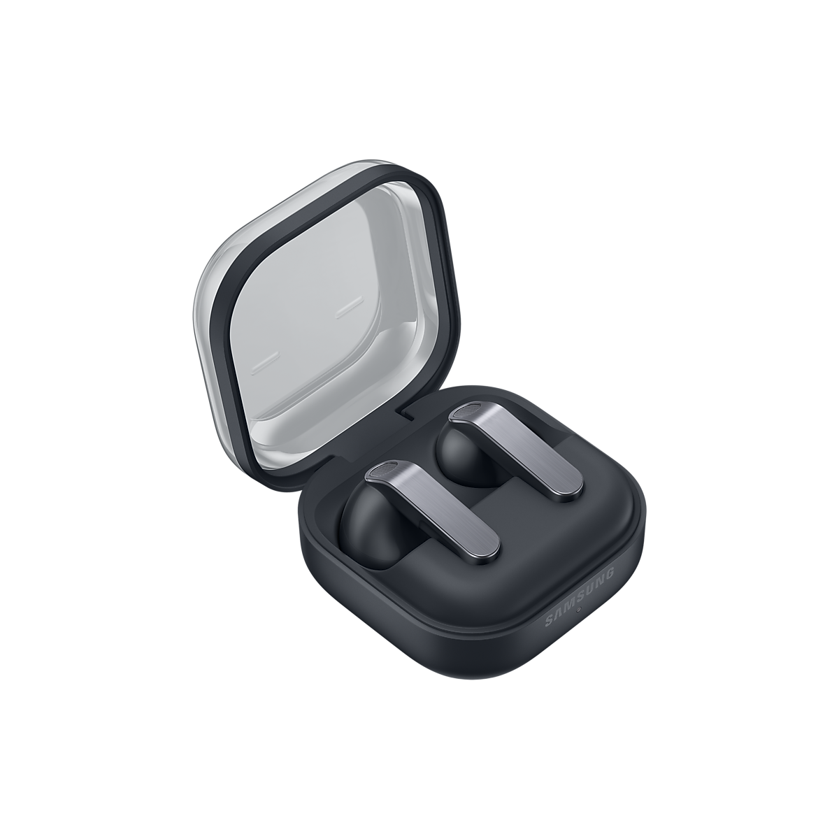 Samsung Galaxy Buds4 svart hörlurar i öppet laddningsfodral sett snett uppifrån