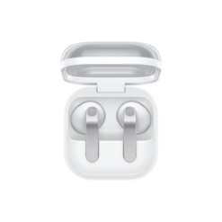 Samsung Galaxy Buds4 vit hörlurar i öppet laddningsfodral