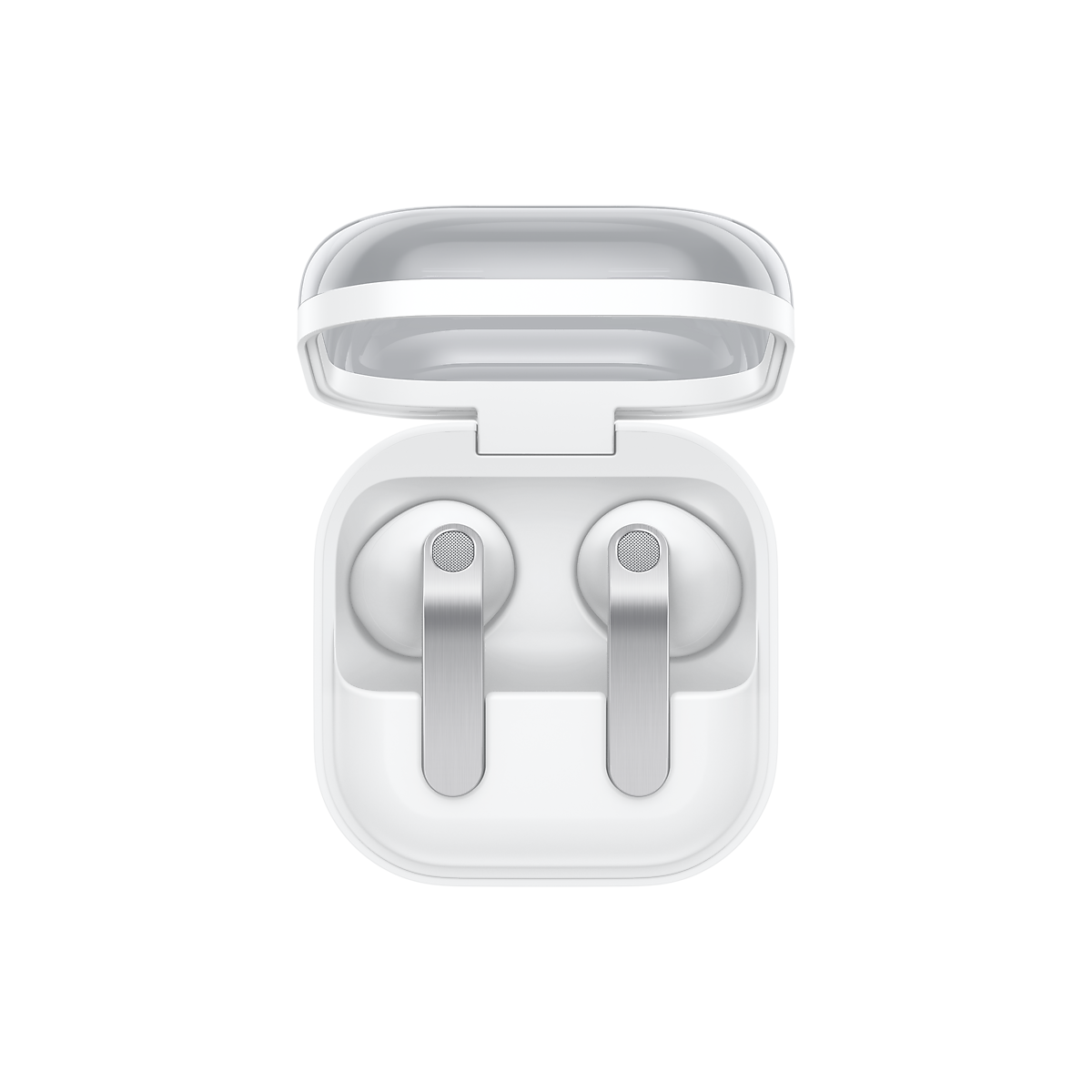 Samsung Galaxy Buds4 vit hörlurar i öppet laddningsfodral