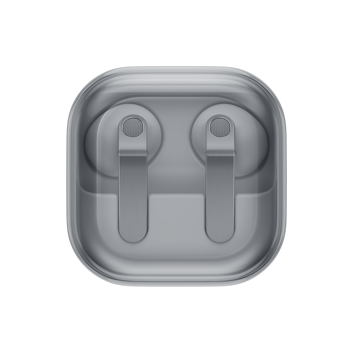 Samsung Galaxy Buds4 vit hörlurar i stängt genomskinligt laddningsfodral