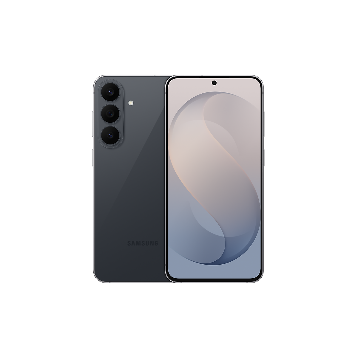 Samsung Galaxy S26 FE i färgen Graphite sedd framifrån och bakifrån